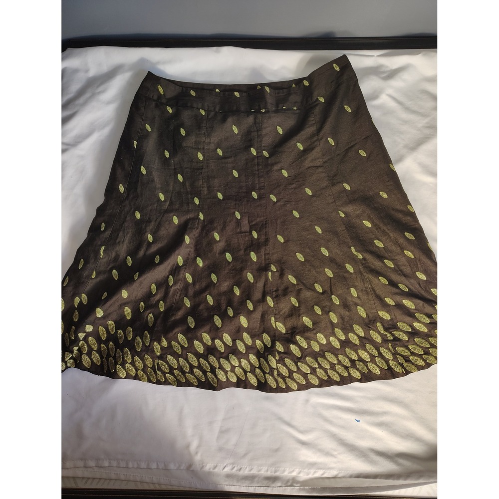 Ann Taylor Brown Gold Embroidered A-Line Skirt Metallic Leaf Size 12 Knee Length